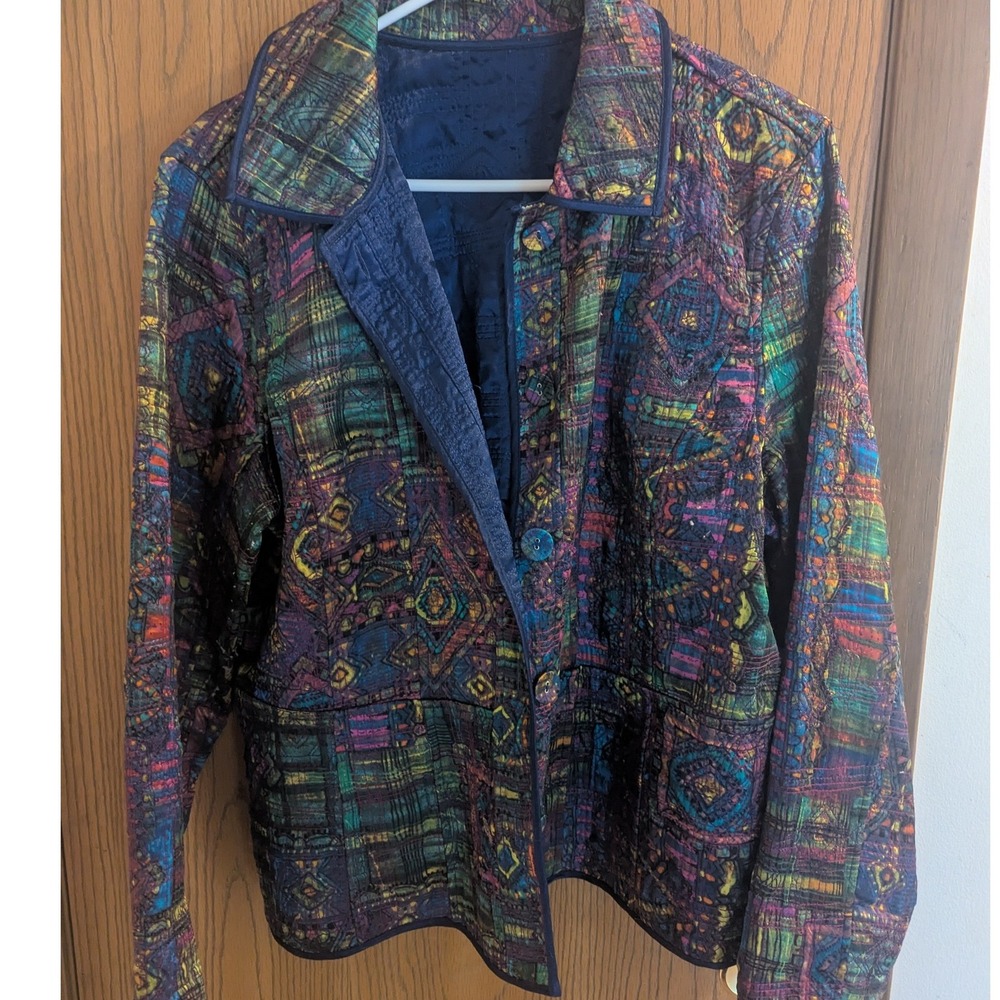 VTG Chicos Silk Reversible Quilted Jacket Blue Satin Embroidered Abstract 2 (L)